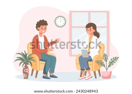 Psychotherapy session, man talking to a psychologist. Mental health banner or landing page template. Illustration, vector