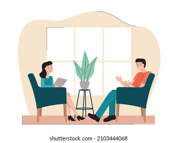 Psychotherapy session. Patient having individual psychological therapy and counseling with therapist. Mental health, healthcare and psychology. Psychiatrist consultation. Flat style.