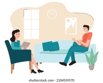 Psychotherapy session. Patient having individual psychological therapy and counseling with therapist. Mental health, healthcare and psychology. Psychiatrist consultation. Flat style.