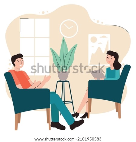 Psychotherapy session. Patient having individual psychological therapy and counseling with therapist. Mental health, healthcare and psychology. Psychiatrist consultation. Flat style.