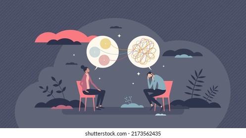 Psychotherapy session with patient problem and therapist tiny person concept. Psychology job with counseling depressions and anxiety vector illustration. Mental health treatment and clinical recovery.