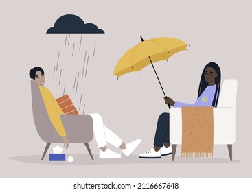 A psychotherapy session, a patient sitting under the rain cloud, a specialist giving them an umbrella