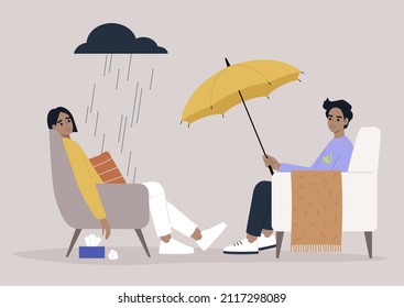 A psychotherapy session, a patient sitting under the rain cloud, a specialist giving them an umbrella