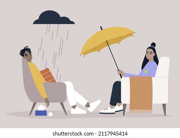 A psychotherapy session, a patient sitting under the rain cloud, a specialist giving them an umbrella