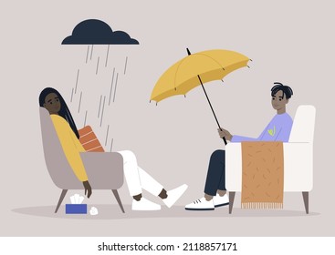 A psychotherapy session, a patient sitting under the rain cloud, a specialist giving them an umbrella