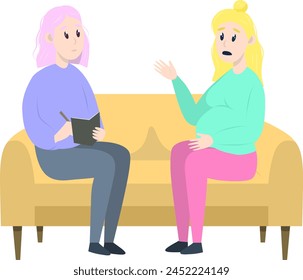 Psychotherapy session - pregnant woman talking to psychologist sitting on sofa. Mental health concept, vector illustration in flat style