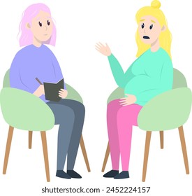 Psychotherapy session - pregnant woman talking to psychologist sitting on chair. Mental health concept, vector illustration in flat style