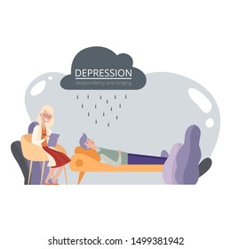 Psychotherapy session, psychological help. Depressed man and psychotherapist vector illustration