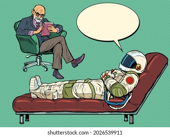 A psychotherapy session. The psychotherapist sees a astronaut, the patient is lying on the couch