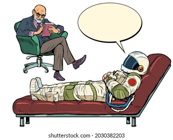 A psychotherapy session. The psychotherapist sees a astronaut, the patient is lying on the couch