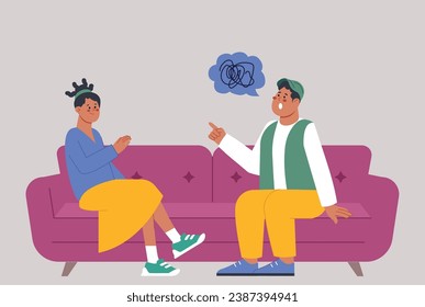 Psychotherapy session scene. Afro American man and woman sitting on sofa, male screaming. Psychology therapy, chaos in mind and support vector concept