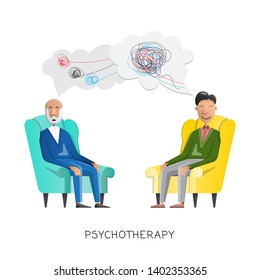 Psychotherapy session in therapist office with patient on sofa talking about his feelings, depression flat vector illustration