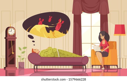 Psychotherapy session with therapist working with lying on couch client to overcome fear flat composition vector illustration 