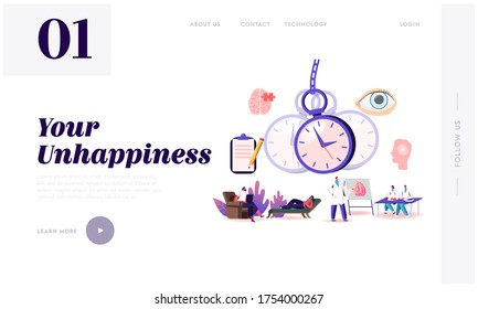 Psychotherapy Session, Trance, Mesmerizing Landing Page Template. Сharacters Undergoing Hypnosis Procedure with Doctor Swinging Pocket Watch Patients Lying on Sofa. Cartoon People Vector Illustration