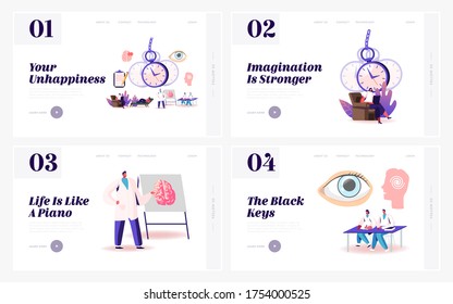 Psychotherapy Session, Trance, Mesmerizing Landing Page Template Set. Сharacters Undergoing Hypnosis Procedure, Doctor Swinging Pocket Watch, Patients Lying on Sofa. Cartoon People Vector Illustration