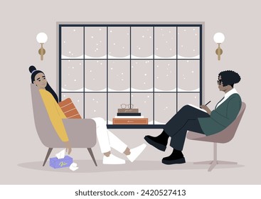 A psychotherapy session unfolds in a comfortably furnished office, addressing mental health issues, a safe and supportive environment for individuals seeking assistance and guidance