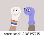 In a psychotherapy session, an upset queer patient finding solace in expressing emotions through sock puppets, aiding in communication and processing feelings