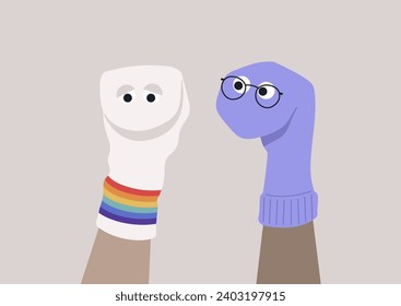 In a psychotherapy session, an upset queer patient finding solace in expressing emotions through sock puppets, aiding in communication and processing feelings