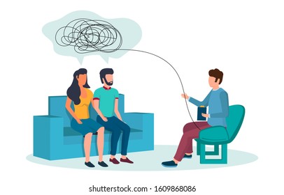 Psychotherapy session vector flat illustration. Psychotherapist counseling couple having relationship problems. Family therapy, psychological services concept for web banner, website page etc.