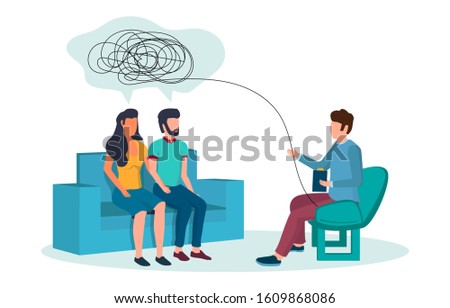 Psychotherapy session vector flat illustration. Psychotherapist counseling couple having relationship problems. Family therapy, psychological services concept for web banner, website page etc.