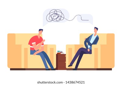 Psychotherapy session vector illustration. Frustrated man at psychologist, depression, mental disorder concept. Psychotherapy and psychology, psychologist listen to patient