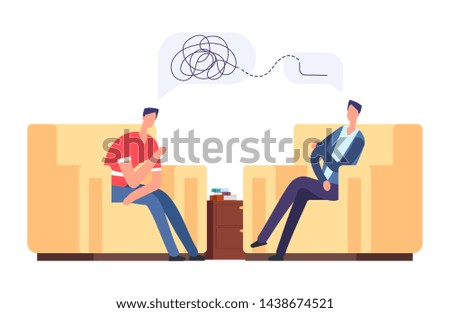Psychotherapy session vector illustration. Frustrated man at psychologist, depression, mental disorder concept. Psychotherapy and psychology, psychologist listen to patient