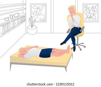 Psychotherapy session vector illustration. Shrink listens to patient. Patient lying on couch talking.