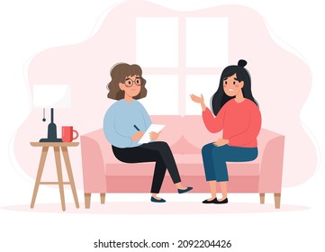 Psychotherapy session - woman talking to psychologist sitting on sofa. Mental health concept, vector illustration in flat style