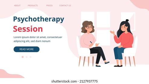 Psychotherapy session - woman talking to psychologist. Mental health banner or landing page template, vector illustration in flat style