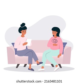 Psychotherapy session - a woman talking to a psychologist sitting on the couch. Mental health concept, vector illustration in flat style.
