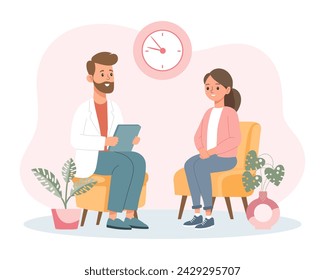 Psychotherapy session, woman talking to a psychologist. Mental health banner or landing page template. Illustration, vector