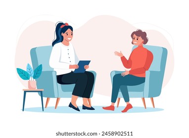 Psychotherapy session - woman talking to psychologist. Female patient in armchair and female psychologist. Mental health concept. Flat vector illustration.