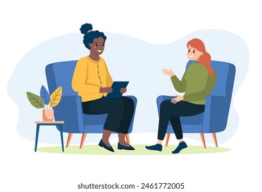 Psychotherapy session - woman talking to psychologist. Female patient in armchair and female psychologist. Mental health concept. Flat vector illustration.