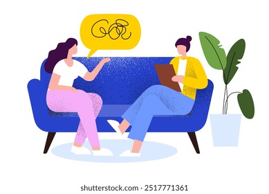 Psychotherapy session. Woman talking to psychologist sitting on sofa. Mental health Vector flat style