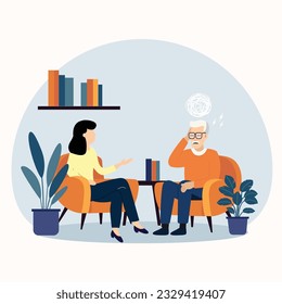 Psychotherapy session.Senior man talking to psychologist sitting on sofa. Flat style vector illustration.