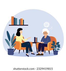 Psychotherapy session.Senior woman talking to psychologist sitting on sofa. Flat style vector illustration.

