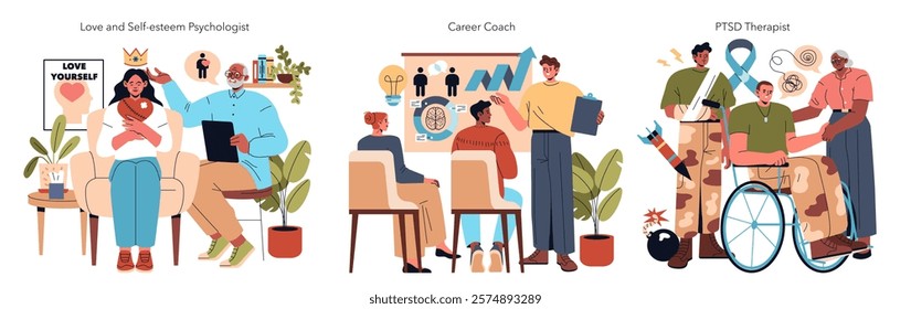 Psychotherapy set. Professionals aiding in self-esteem, career guidance, and PTSD recovery. Therapist-patient interactions and support. Vector illustration.