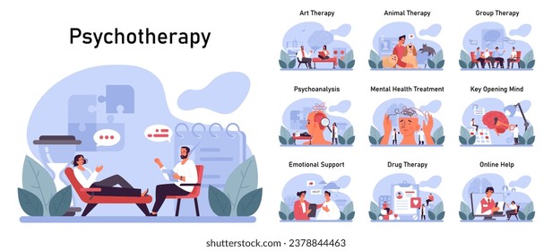 Psychotherapy set. Psychiatrist consulting a patient on mental health disorders. Thoughts and emotions analysis. Group, drug, art and animal therapy. Flat vector illustration