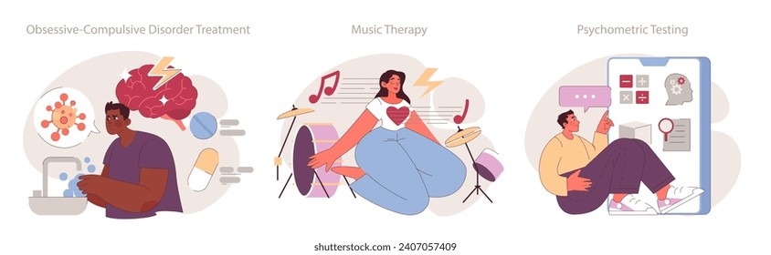 Psychotherapy solutions set. Tackling obsessive-compulsive disorder, harnessing music for therapy, assessing with psychometric tests.