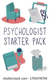 Psychotherapy starter pack illustrations. Set of spot illustrations about psychology objects: chair, book, notebook, tissue box. Mental health care, psychological help concept.