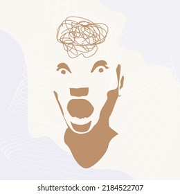 Psychotherapy, stress and psychosis. A human head in profile with a tangled ball of nerves, scribbles symbolizing a depressed state of a person. Psychological help. Personality disorder and depression