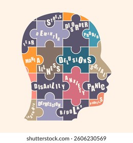 Psychotherapy, stress and psychosis. Human puzzled head. Personality disorder and depression