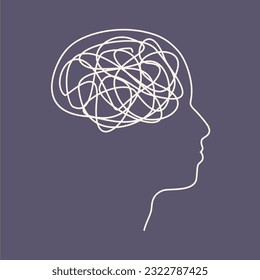 Psychotherapy, stress and psychosis. A man head in profile with a tangled ball of nerves, scribbles symbolizing a depressed state of a person. Psychological help. Personality disorder and depression