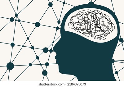 Psychotherapy, stress and psychosis. A man's head in profile with a tangled ball of nerves, scribbles symbolizing a depressed state of a person. Psychological help. Personality disorder and depression