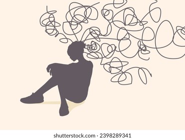 Psychotherapy, stress and psychosis. Young woman with a tangled nerves, scribbles symbolizing a depressed state of a person. Psychological help. Personality disorder and depression