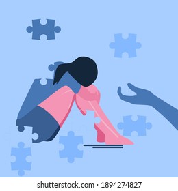 Psychotherapy support concept.Young woman sits on the floor, she falls apart into separate puzzles.Person is tired, needs help,cure from stress.Desperation,anxiety and loneliness vector concept.Blue