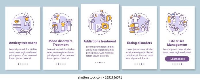 Psychotherapy tasks onboarding mobile app page screen with concepts. Anxiety, addictions treatment walkthrough 5 steps graphic instructions. UI vector template with RGB color illustrations