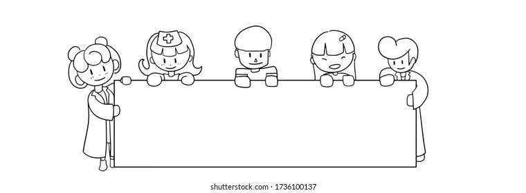 Psychotherapy team with different doctors. Psychology group ,psychological Doctor Nurse help online teamwork. Blank banner with copy space for text. Empty placard poster. Vector hand drawing cartoon.