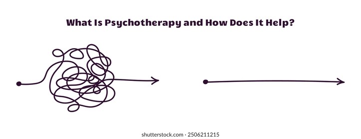 Psychotherapy theme concept. Problem solving, brainstorm, crisis recovery, business, mentoring. Simple doodle illustration with scribbles.  Breaking the deadlock. Tangled line, arrow