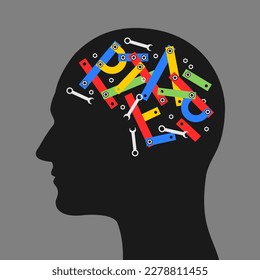 Psychotherapy and Therapy - broken mind and brain is fixed and repaired by tools. Heal and cure of poor mental health, psychological disorder, illness, disease. Vector illustration isolated.